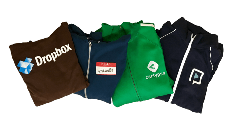 Startup swag collection - hoodies from various tech companies